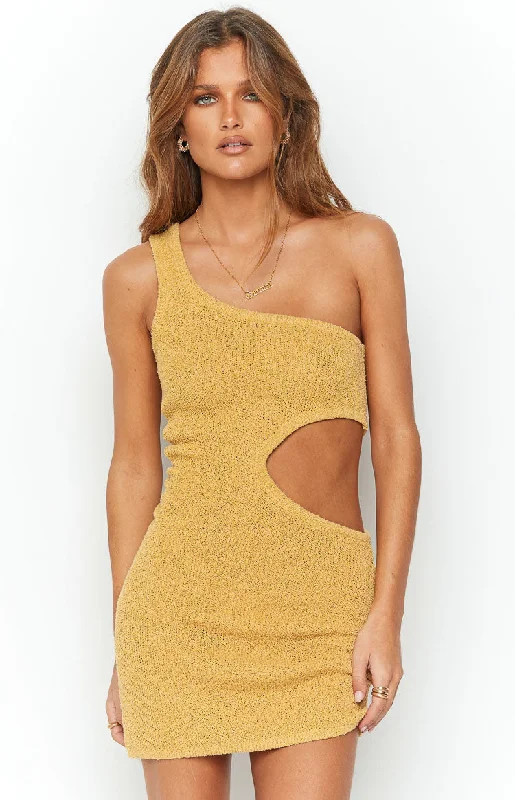 Comfortable Everyday Look Chic Fit Laurynn Mustard Knit Mini Dress