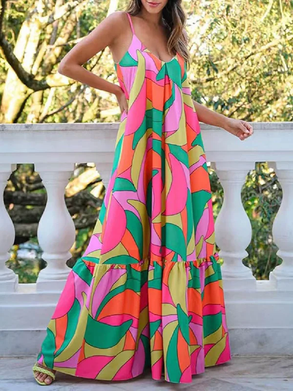 Effortless Fashionwear Classy Outfits Summer French Deep V-Neck Graceful Backless Halter Printed Dresses