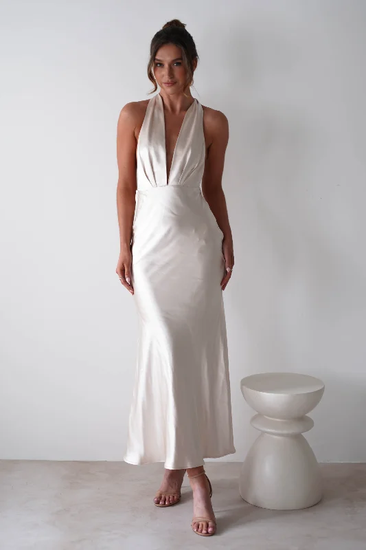 Modern Fitwear Classy Outfits Kaylah Satin Halter Neck Maxi Dress | Champagne
