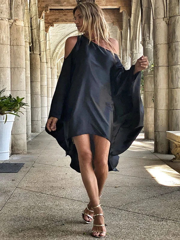 Comfort Wear Styles Cozy Wardrobe Stylish Loose High-Low Batwing Modern Sleeves Black Midi Dress Comfort Wear Styles Cozy Wardrobe Stylish Loose High-Low Batwing Modern Sleeves Black Midi Dress