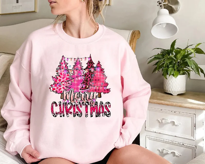 Cozy Fit Outfits Practical Layers Pink Cartoon Tree Christmas Hoodie for Women
