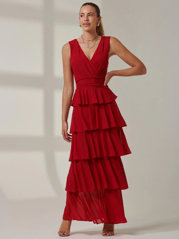 Trendy Comfortables Practical Chic Plain Tiered Mesh Maxi Dress, Red
