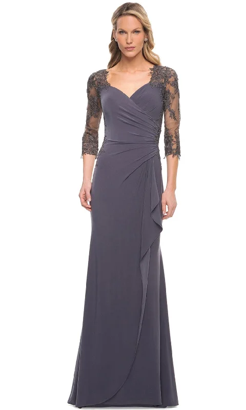 Modern Daywear Comfort Trends La Femme 30384 - Lace Covered Sleeves Net Jersey Gown