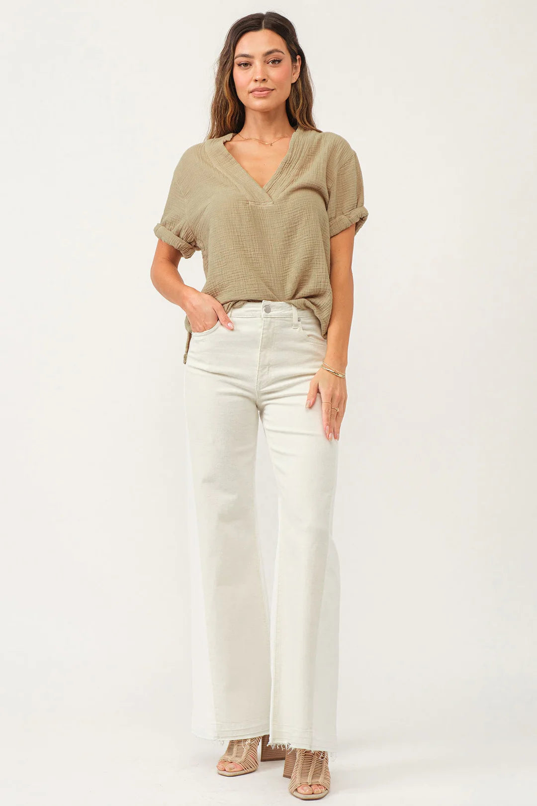 Soft Fabric Choices Practical Chic Dear John Fiona Mid Rise Wide Leg Jean Wheat
