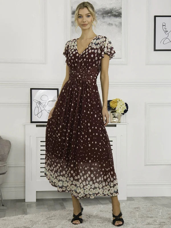Affordable Comfort Wear Relaxed Fashion Mably Mirror Print Maxi Mesh Dress, Burgundy Multi