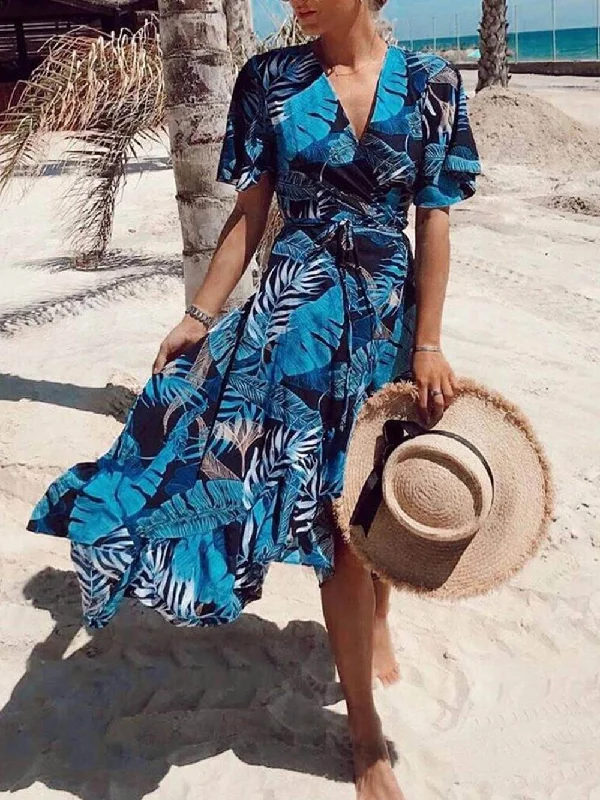 Soft Layering Wear Stylish Essentials Palm Leaf Print Charming Wrap Over Midi Dress