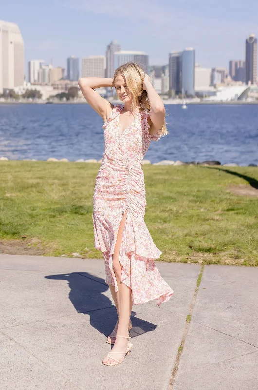 Affordable Chic Fits Cozy Textures Carolina Short Sleeve Floral Print Shirred Maxi Dress Pink