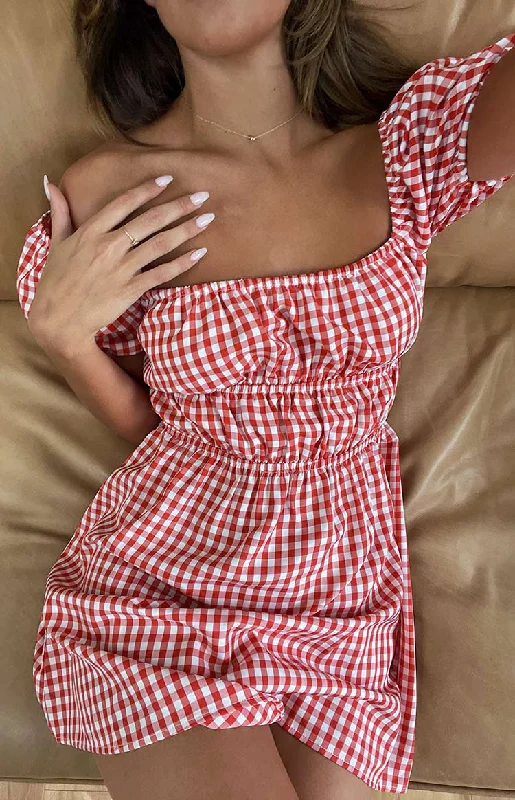 Soft Comfortwear Budgeted Fashion I'm Yours Red Gingham Mini Dress