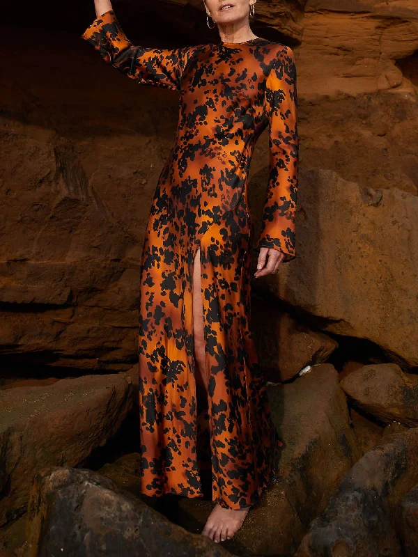 Cozy Comfort Options Comfortable Layering Delicate Satin Printed Slit Graceful Long Sleeve Midi Dress Cozy Comfort Options Comfortable Layering Delicate Satin Printed Slit Graceful Long Sleeve Midi Dress