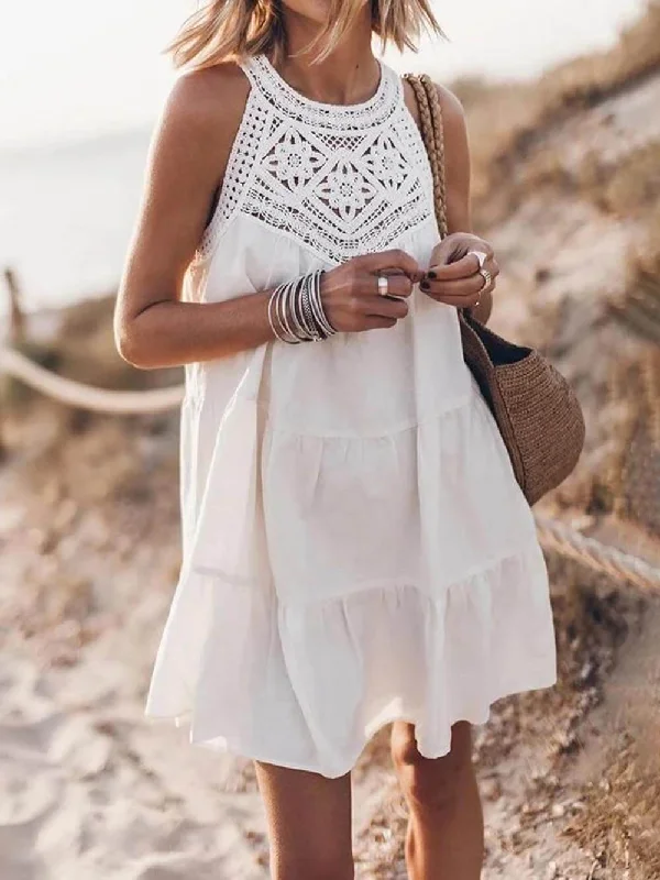 Effortless Chic Style Cozy Looks Hollow Lace Patchwork Charming Halterneck A-Line Mini Dress Effortless Chic Style Cozy Looks Hollow Lace Patchwork Charming Halterneck A-Line Mini Dress