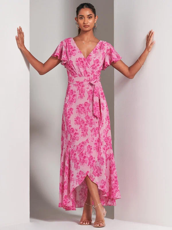 Cozy Street Looks Stylish Attire Haylie Frill Chiffon Maxi Dress, Pink Floral