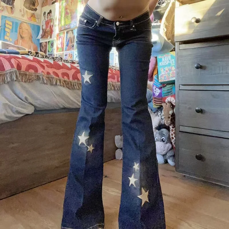 Trendy Comfortables Stylish Essentials DressBetty - Star Printed Streetwear Vintage Low Waist Pockets Blue Denim Skinny Flare Jeans Trendy Comfortables Stylish Essentials DressBetty - Star Printed Streetwear Vintage Low Waist Pockets Blue Denim Skinny Flare Jeans