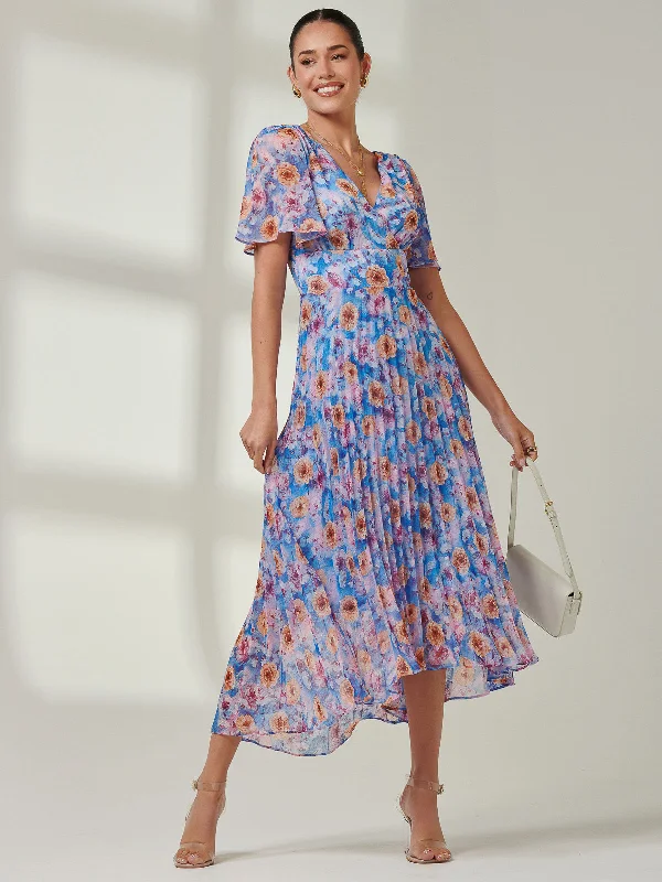 Modern Daywear Modern Comfort Floral Pleated Chiffon Dip Hem Dress, Blue Multi