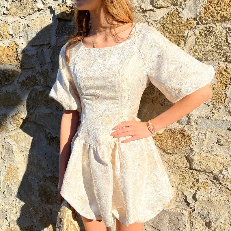 Simple Fashion Layers Stylish Essentials Lola Jacquard Floral Bubble Champagne Mini Dress Simple Fashion Layers Stylish Essentials Lola Jacquard Floral Bubble Champagne Mini Dress