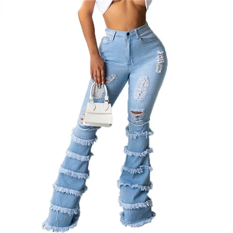 Effortless Chic Looks Comfy Styling DressBetty - High Waist Stretch Denim Washed Destroyed Holes Ripped Tassel Skinny Flare Jeans