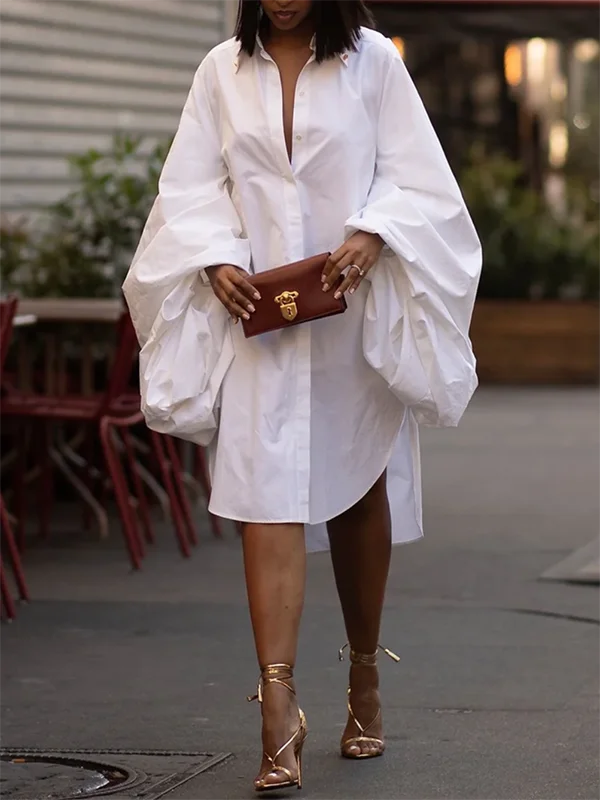 Soft Apparel Pieces Effortless Outfits Statement Puff Sleeves Loose Pleated Split-Side Sophisticated Solid Color Lapel Collar Midi Dresses Soft Apparel Pieces Effortless Outfits Statement Puff Sleeves Loose Pleated Split-Side Sophisticated Solid Color Lapel Collar Midi Dresses