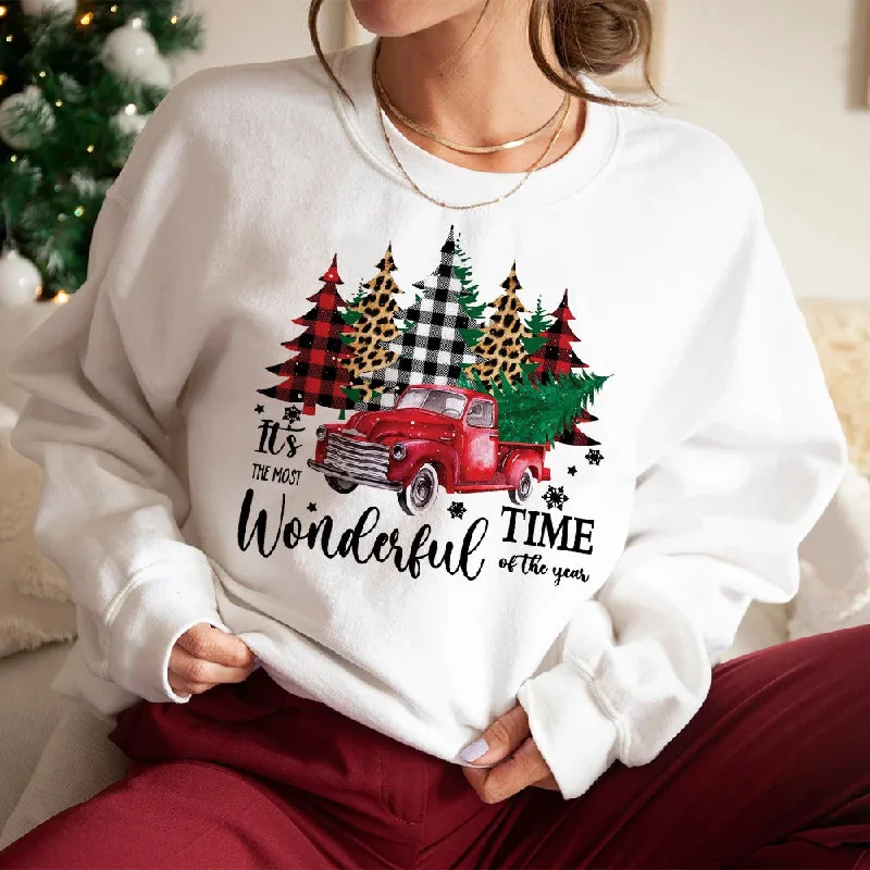 Simple Wear Relaxed Wardrobe Christmas Hoodie - Wonderful Time Printed Party Holiday Sweater Xmas Outfit
