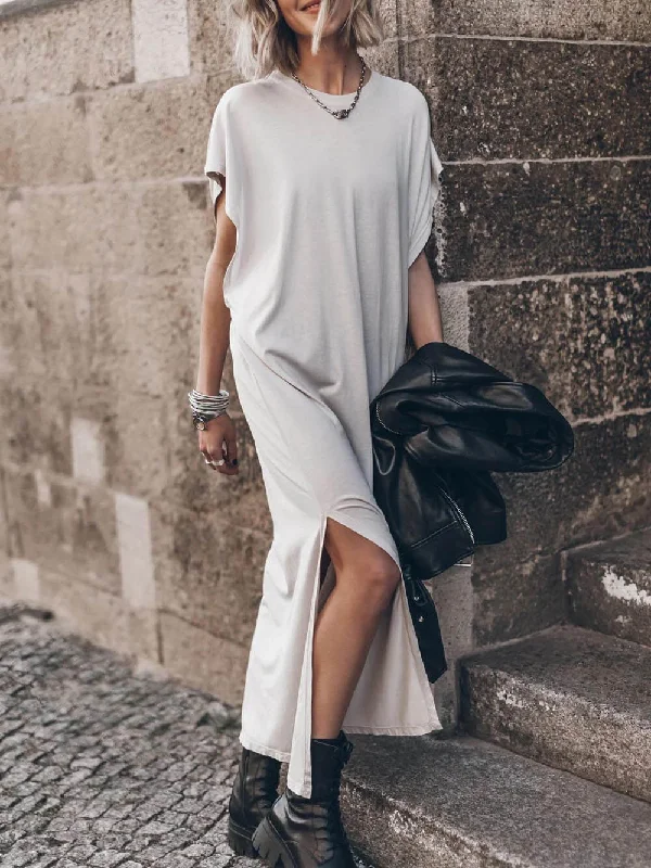 Comfortable Textiles Cozy Wearables Effortless Open Sleeve Slit Graceful Oversized T-shirt Midi Dress Comfortable Textiles Cozy Wearables Effortless Open Sleeve Slit Graceful Oversized T-shirt Midi Dress