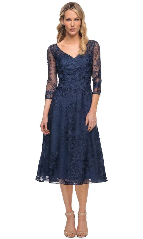 Smart Fashionwear Soft Comfortwear La Femme 30016 - Embroidered Lace V Neck Short Dress Smart Fashionwear Soft Comfortwear La Femme 30016 - Embroidered Lace V Neck Short Dress