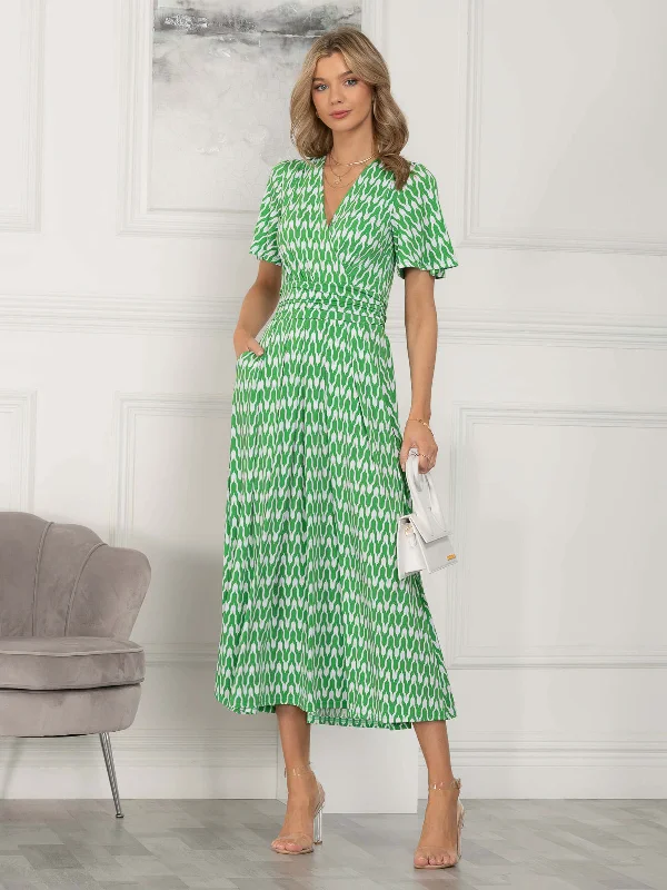 Comfortable Layered Styles Practical Layers Jaylynn Flare Sleeve Jersey Maxi Dress, Green Geometric