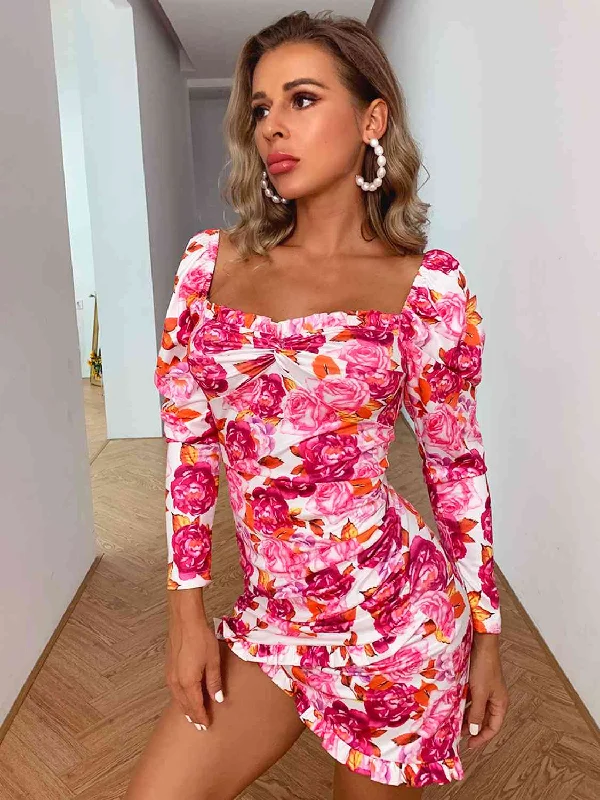 Affordable Smart Styles Relaxed Outfits Floral Ruched Leg-Of-Mutton Sleeve Dress