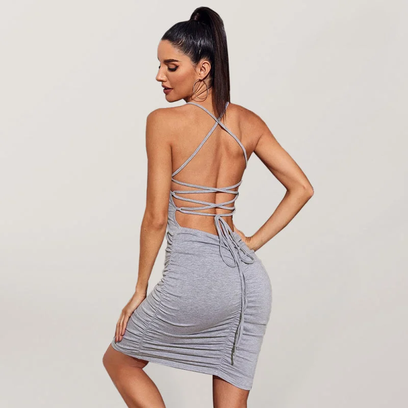 Affordable Layers Comfort-driven Style Sexy backless strappy dress shirring slim fit solid color wrap hip skirt Affordable Layers Comfort-driven Style Sexy backless strappy dress shirring slim fit solid color wrap hip skirt