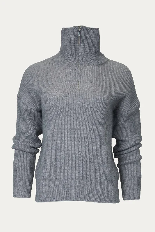 Smart Fashionwear Effortless Chic Style Ciut Half-Zip Ribbed Sweater In Grey