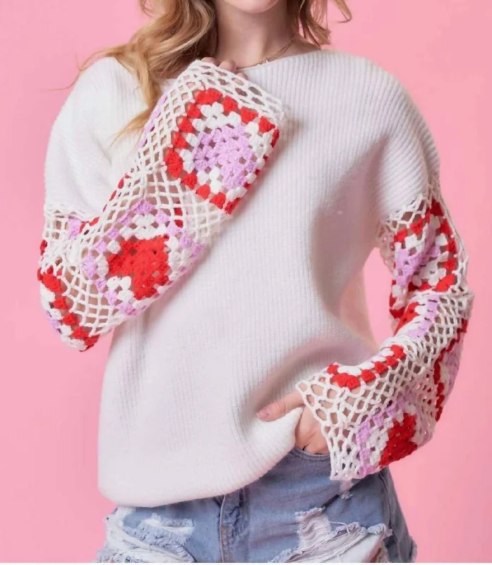 Affordable Layers Soft Look Crochet Heart Sleeve Sweater In White
