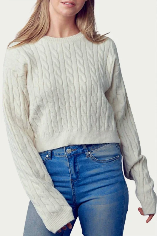 Relaxed Wear Fits Casual Wearables Cropped Cable-Knit Crewneck Sweater In Cream