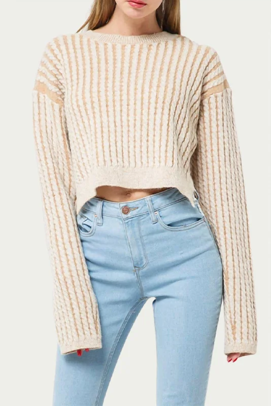 Budgeted Comfortable Wear Trendy Layers Cropped Cable-Knit Striped Sweater In Light Brown Budgeted Comfortable Wear Trendy Layers Cropped Cable-Knit Striped Sweater In Light Brown