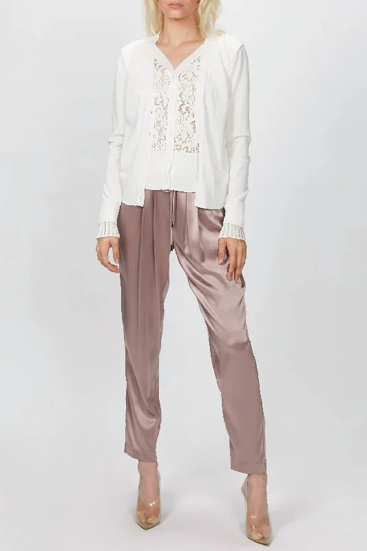 Versatile Comfort Pieces Effortless Style Lace Paneled Cardigan In Ivory