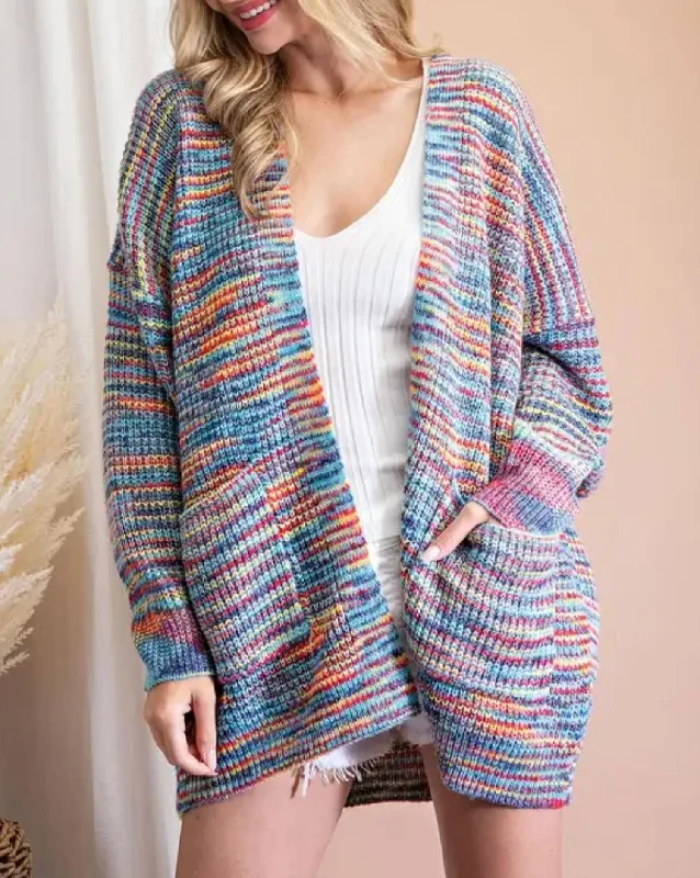 Effortless Chic Style Soft Dressing Open-Front Knit Cardigan In Rainbow