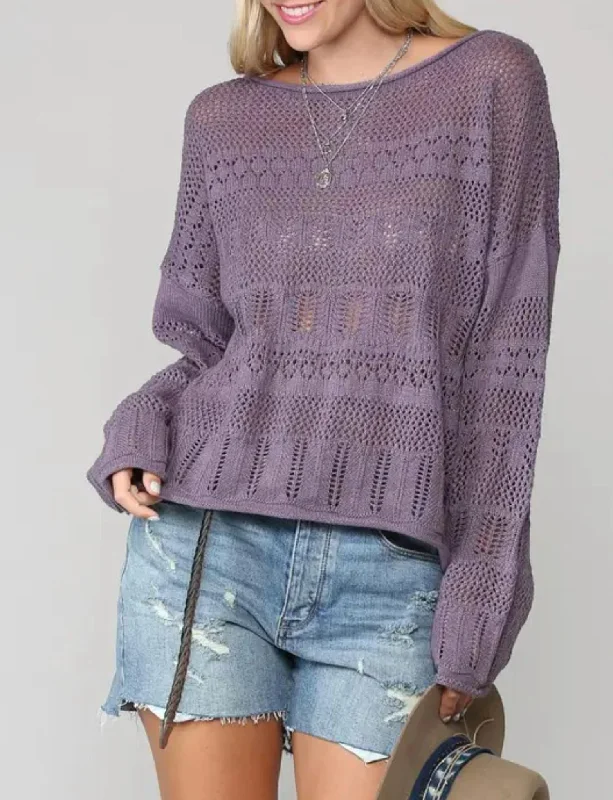 Comfy Daily Outfits Comfy Chic Open-Knit Cotton-Blend Sweater In Purple