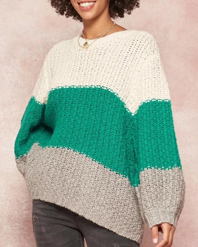 Trendy Cozy Apparel Practical Comfort Oversized Colorblock Crochet Knit Sweater In Ivory/green/grey Trendy Cozy Apparel Practical Comfort Oversized Colorblock Crochet Knit Sweater In Ivory/green/grey