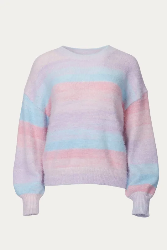 Soft Textured Wear Versatile Clothing Pastel Rainbow Striped Sweater In Pink