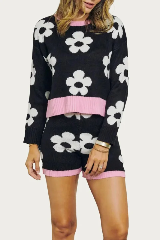 Affordable Comfort Styles Practical Fashion Retro Floral Knit Crewneck Cropped Sweater In Black/white/pink