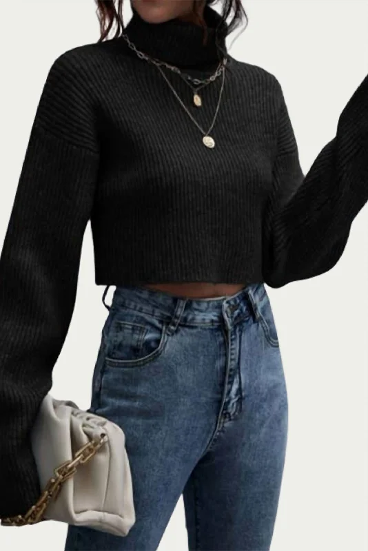 Chic Comforts Pieces Simple Comfortwear Ribbed-Knit Cropped Turtleneck Sweater In Black