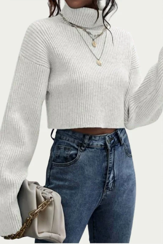 Modern Cozy Looks Relaxed Outfits Ribbed-Knit Cropped Turtleneck Sweater In Ivory