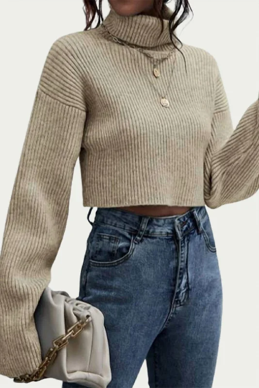 Affordable Comfort Wear Soft Fit Clothing Ribbed-Knit Cropped Turtleneck Sweater In Khaki