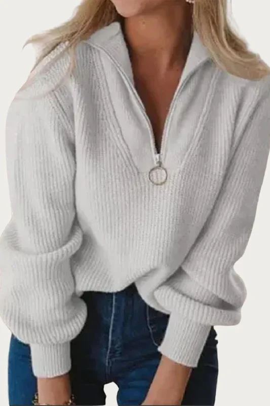 Cozy Fabric Fits Comfortable Layering Ribbed-Knit Half-Zip Sweater In Grey