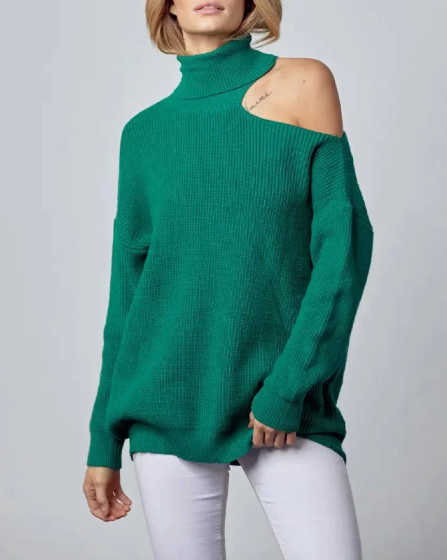 Effortless Wear Fits Budgeted Outfits Shoulder-Baring Turtleneck Sweater In Forest Green Effortless Wear Fits Budgeted Outfits Shoulder-Baring Turtleneck Sweater In Forest Green