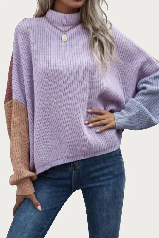 Cozy Everyday Wardrobe Versatile Comfortwear Slouchy Colorblock Ribbed-Knit Sweater In Lavender Cozy Everyday Wardrobe Versatile Comfortwear Slouchy Colorblock Ribbed-Knit Sweater In Lavender