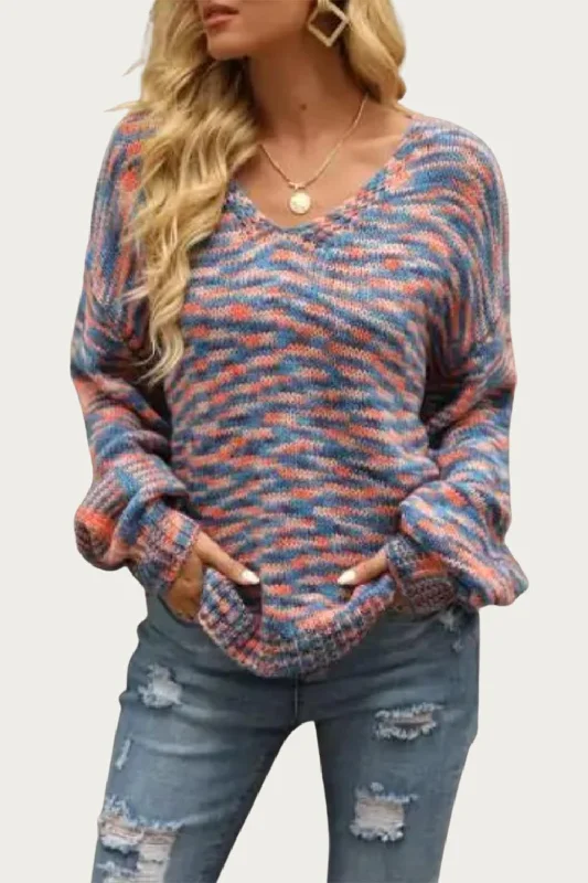 Cozy Comfort Options Stylish Outfits Space-Dye Knit V-Neck Sweater In Blue