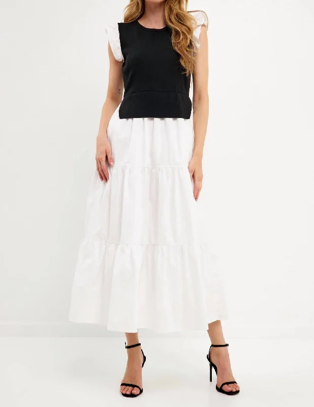 Street Chic Clothing Casual Comfort Mable Mixed Media Maxi Dress In Black/white