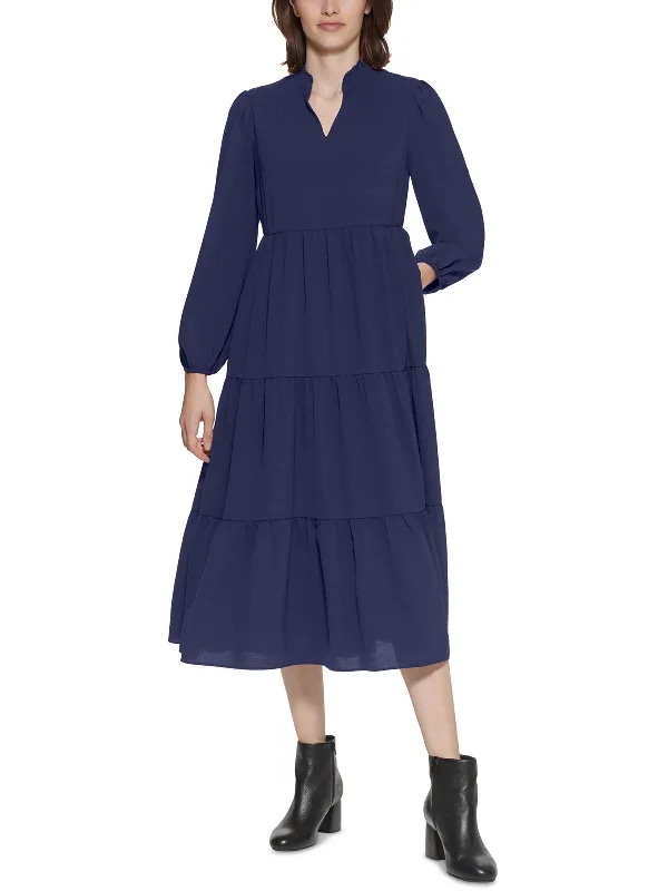 Comfort Wear Styles Cool Layers Petites Womens Tiered Mid Calf Midi Dress