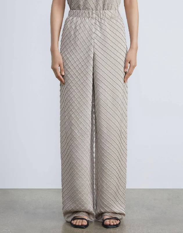 Soft Layering Wear Relaxed Fits Regenerated Poly Satin Diamond Pleat Riverside Pant In Sandstone