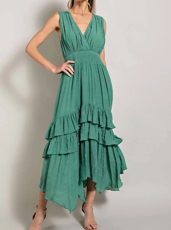 Effortless Wear Fits Budgeted Fashion Smocked Ruffle Maxi Dress In Sage