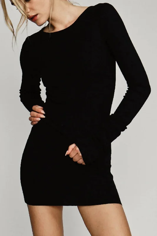 Budget-friendly Comfort Easy Style Textured Knit Long Sleeve Mini Dress In Black