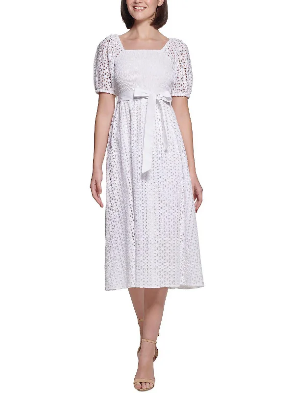 Trendy Cozy Apparel Comfortable Layering Womens Eyelet Calf Midi Dress