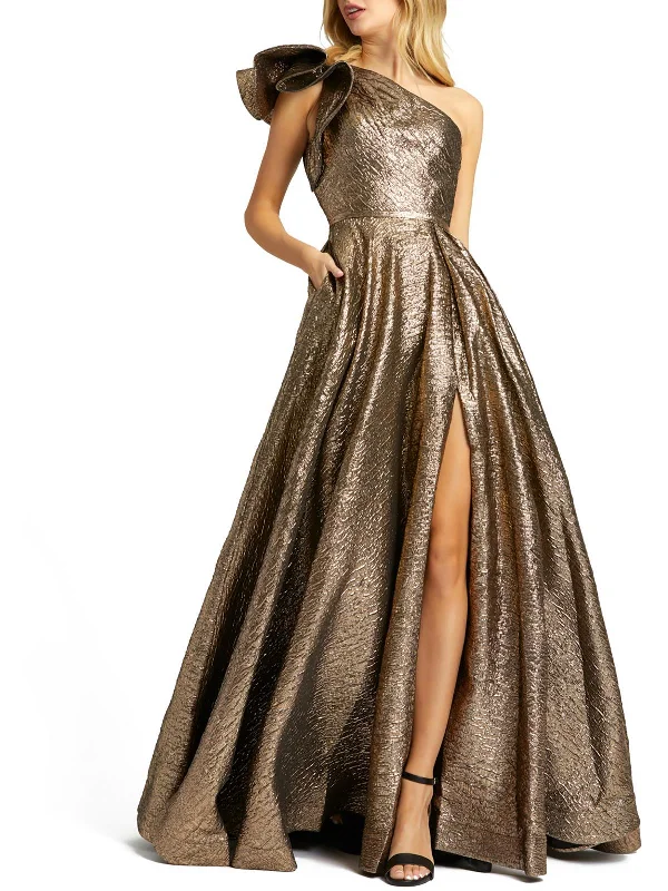 Relaxed Wear Fits Warm Style Womens Metallic One Shoulder Evening Dress